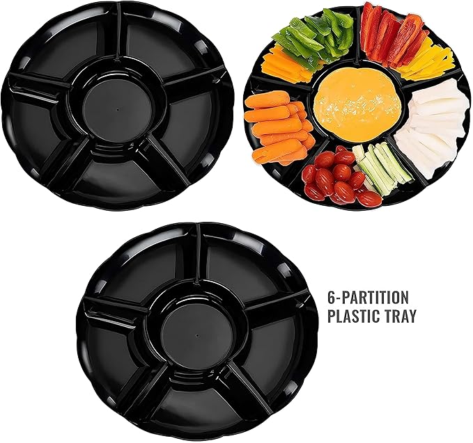 Elegant 14" Black 6-Section Round Disposable Plastic Trays for Serving Fruit, Ice Cream and More - 16 Pcs Serving Trays Ideal for Parties, Weddings, Baby Showers and Decorations