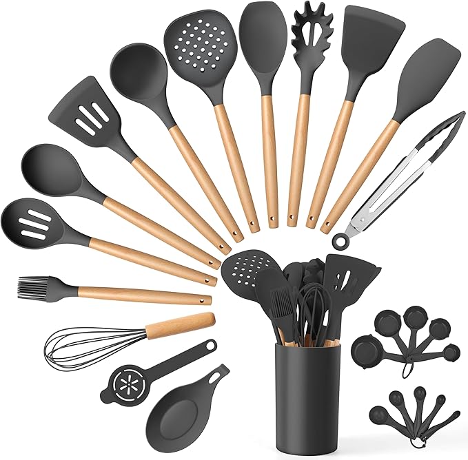 E-far Gray Cooking Utensils Set with Holder, 25-Piece Silicone Kitchen Utensil Set with Wooden Handle for Nonstick Cookware, 446°F Heat Resistant Kitchen Tool Spatula Tongs Whisk, Non-toxic & Healthy