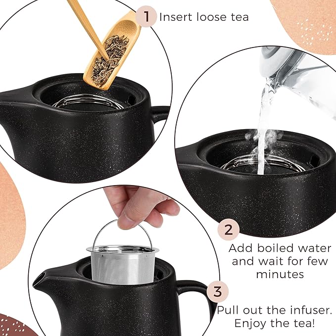 Teapot with Warmer Set, 1.2 L, Ceramic Teapot with Strainer Insert and Candle Warmer, Tea Pot, Teapot with Ceramic Warmer