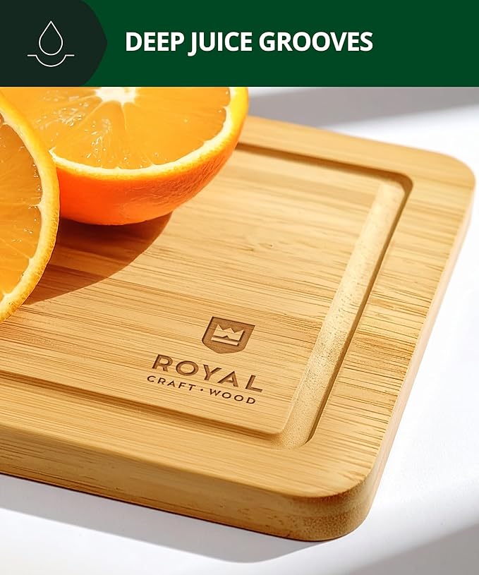 ROYAL CRAFT WOOD Premium Cutting Boards for Kitchen Meal Prep & Serving - Bamboo Wooden Serving Board Set with Deep Juice Groove Side Handles - Charcuterie & Chopping Butcher Block for Meat