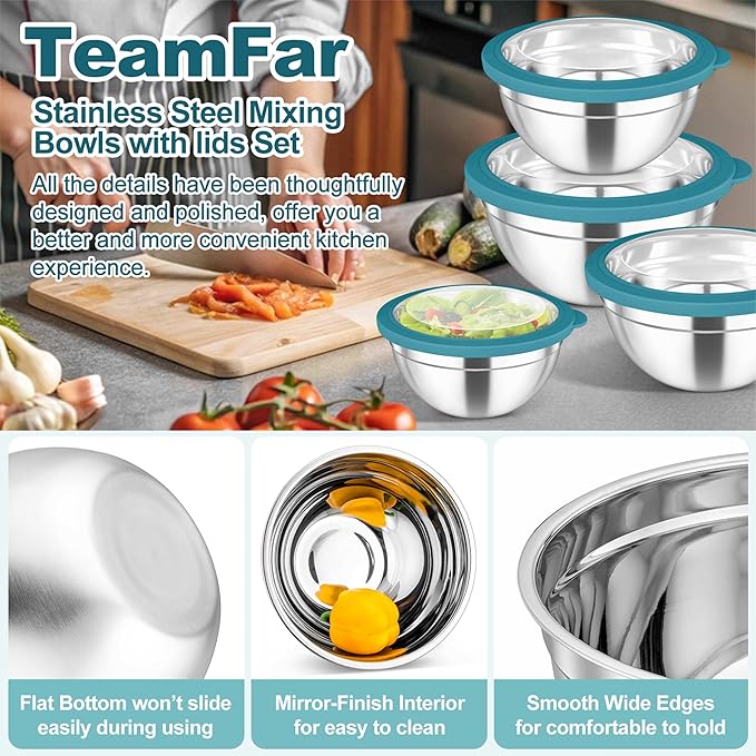 TeamFar Mixing Bowls Set, 4.5/3/1.5/1/0.7 QT Stainless Steel Nesting Salad Bowls with Visible Lids, For Serving Mixing, Non-Toxic & Heavy Duty, Airtight & Easy Clean, Dark Blue, Set of 5