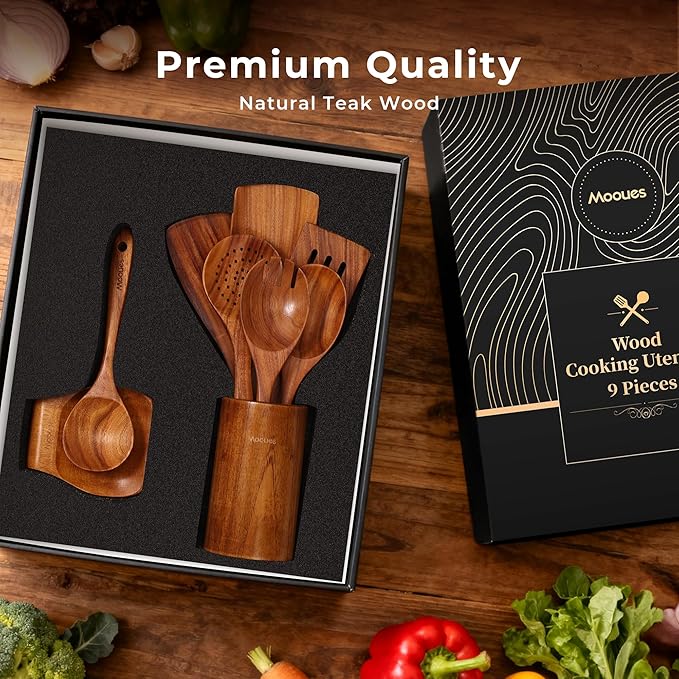 9pc Teak Wooden Utensils - Natural Teak Cooking Utensils with Premium Gift Box - Kitchen Gift Set