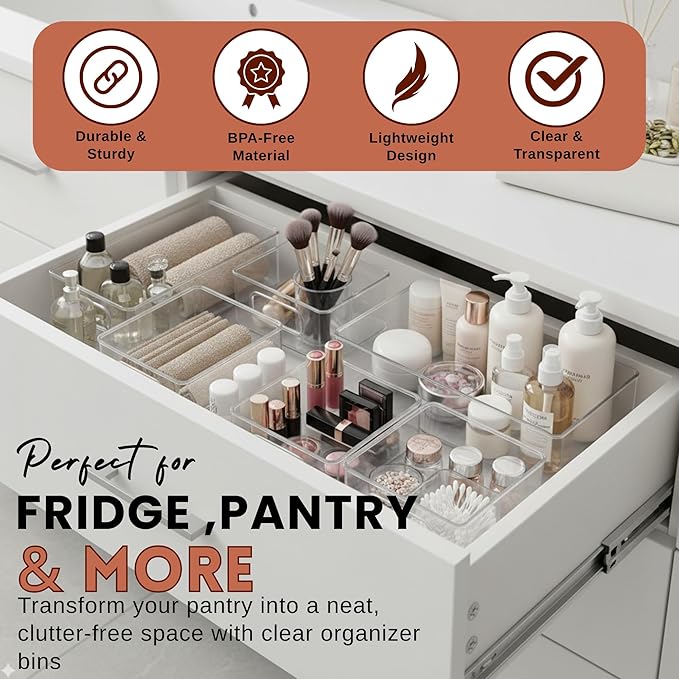 Four Flowers 6 Pack Clear Plastic Storage Bins with Handles, Pantry, Fridge, Kitchen, Cabinet, Bathroom, Closet, Freezer & Laundry Room Organizer Bins for Home Storage