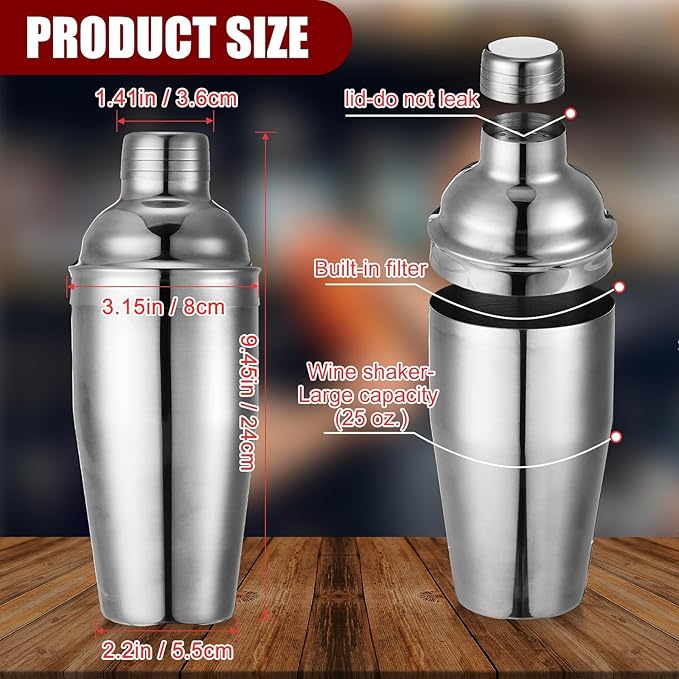 Nitial 9 Pcs Bar Cocktail Shaker Professional Stainless Steel Martini Drink Mixer Built-in Strainer for Bartending No Leaks Boston Shaker for Bar Party Drink Tool(Silver,25 oz)