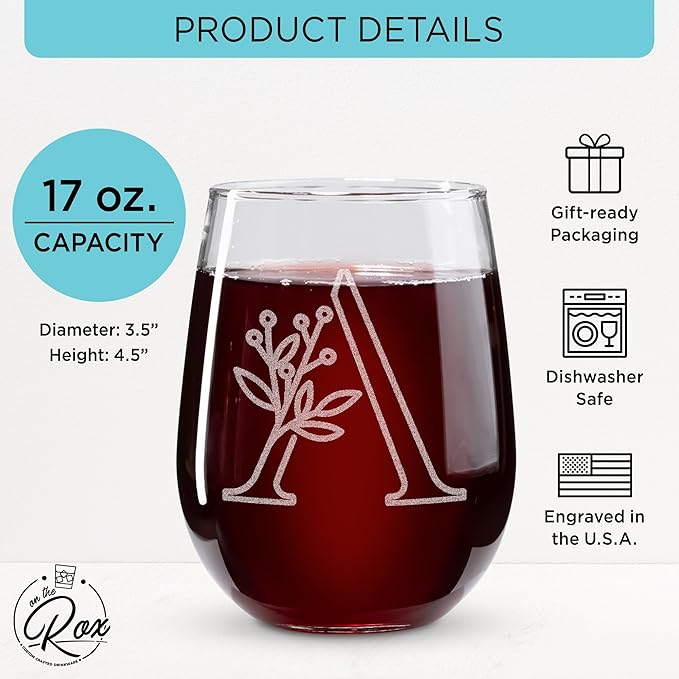 On The Rox Drinks Monogrammed Gifts For Women and Men - Letter A-Z Initial Engraved Monogram Stemless Wine Glass - 17 Oz Personalized Wine Gifts For Women and Men (A)