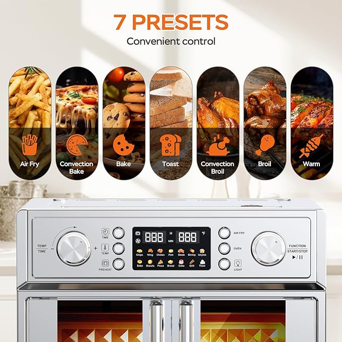 PlumChef 29.5QT Large Capacity French Double-Door Air Fryer Convection Toaster Oven, 1700W, 14 Preset Menus, 7-in-1 Multi-Function (Bake, Roast, Gril,Toast,Dehydrate&Defrost), Stainless Steel,silvery