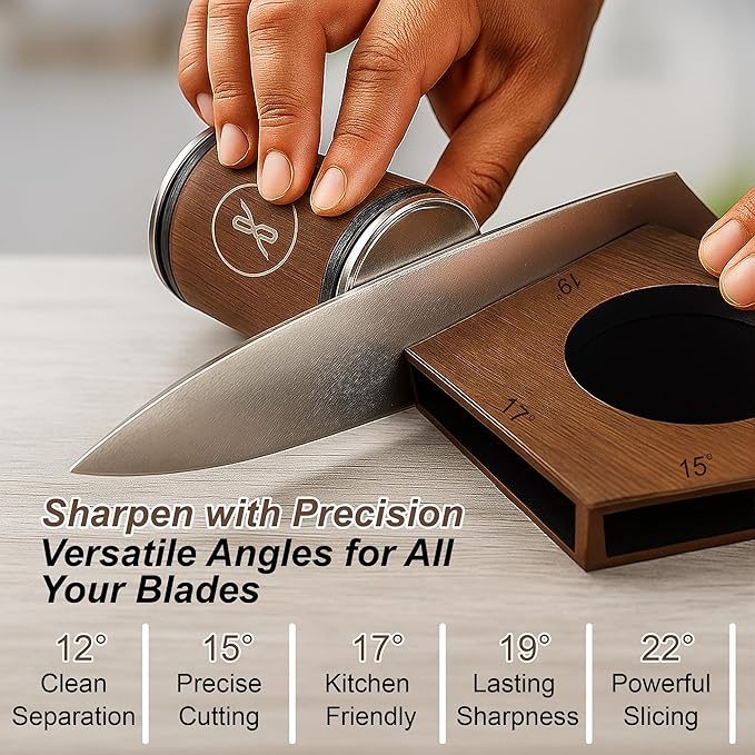 SKILO Rolling Knife Sharpener Made of Black American Walnut - Tumbler Knife Sharpener Knife Sharpening With Diamonds & Ceramic for Steel of Any Hardness With Magnetic Angle