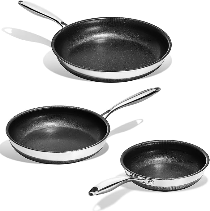 KITEXPERT Titanium Non Stick Frying Pan Set, 8" 10" 12" Ceramic Frying Pans Nonstick, 3 Pieces Non Toxic Skillets Stainless Steel, PFAS, PFOA & PTFE Free, Dishwasher, All Cooktops Compatible