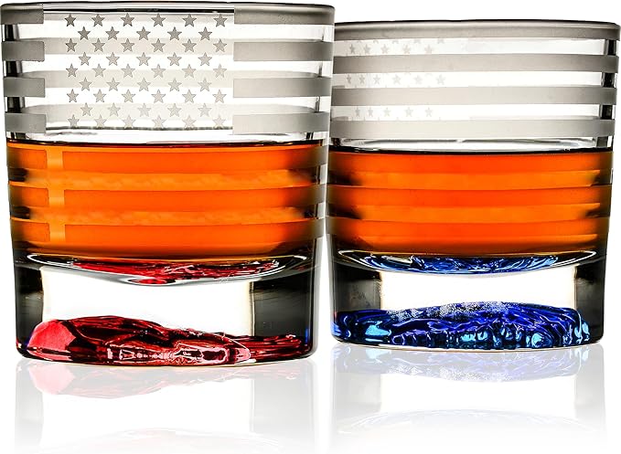 Greenline Goods American Flag Decor USA Glasses - With Patriotic Eagle - (Set of 2) 10 Oz Tumbler Set - America Themed Whiskey Set - Colored 3D Eagle Heavy Glass Base