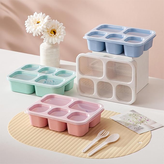 Lunchable Containers Snackle Box,4 Pack 5 Compartments Adult Bento Box With Compartments,Meal Prep Containers Reusable,Divided Food Storage Snack Containers for Work,Travel (4 Colors)