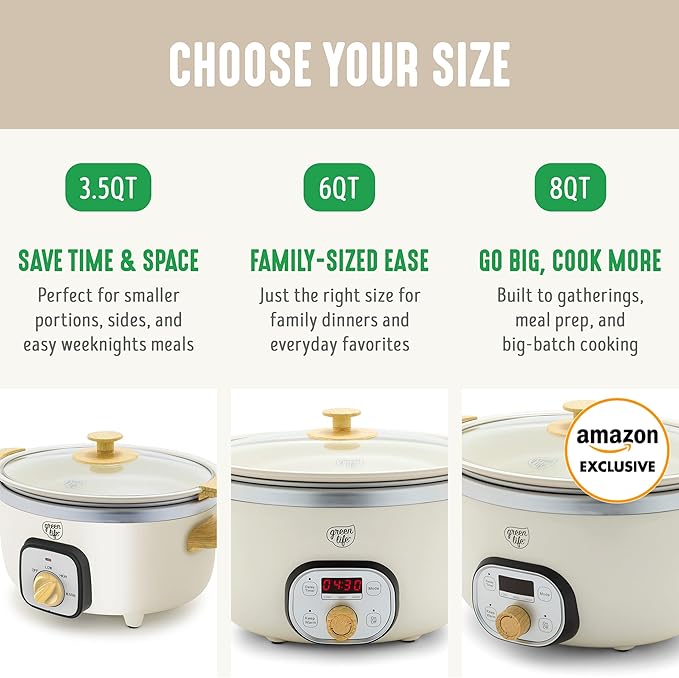 GreenLife 3.5QT Slow Cooker, PFAS-Free Non-Toxic Ceramic Nonstick Removable Interior Bowl, Programmable, Keep Warm, Stovetop & Oven Safe Pot, Dishwasher Safe Crock & Glass Lid, Cream