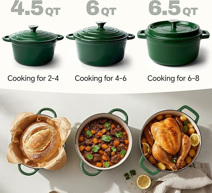 4.5 Quart Dutch Oven Pot with Lid, Non Stick Enameled Cast Iron Dutch Oven for Bread Baking, Heavy-Duty, Oven Safe Ceramic Cookware Up to 500°F for Baking, Braising, Stews, Roasting, Green