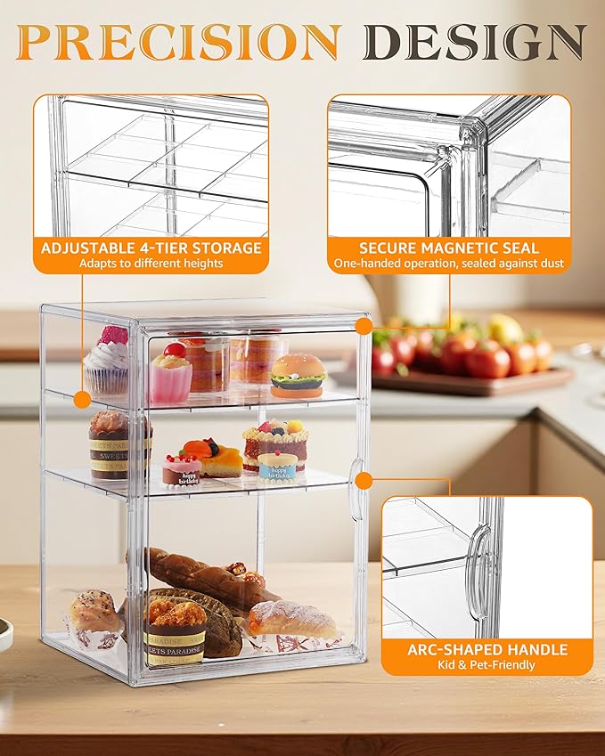 Clear Pastry Display Case, Bread Case for Kitchen Countertop-4 Layers Adjustable, Large Capacity Clear Bread Box for Home-Baked Breads,Muffins,Bagel Storage Container, Bread Holder