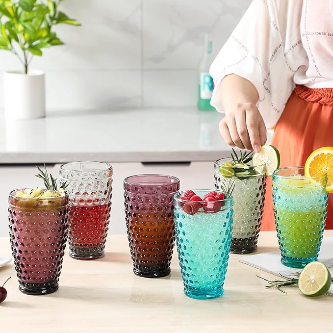 G Hobnail Old Fashioned Iced Beverage Glass 13oz Set of 6, Premiun Glass Set for Refreshments Soda Juice Perfect for Dinner Parties, Bars & Restaurants (Multicolor, Highball)
