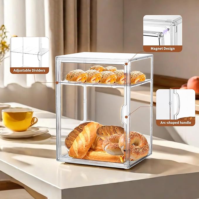 Bread Box for Kitchen Countertop Pastry Display Case 4 Layers Adjustable Clear Bread Storage Container with Magnetic Door Bread Box Bakery Display Case Bread Holder