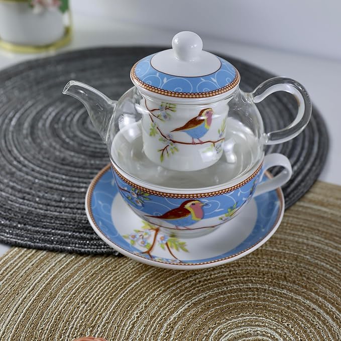 Tea for One Set, Glass Teapot with Porcelain Infuser Strainer and Cup & Saucer- Happy Bird Pattern (Blue)