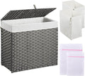Greenstell Laundry Hamper with Lid, 125L Laundry Basket with 2 Removable Liner Bags & 2 Mesh Bags, Handwoven Synthetic Rattan Clothes Hamper for Clothes, Toys in Bathroom, Bedroom, Foldable, Grey