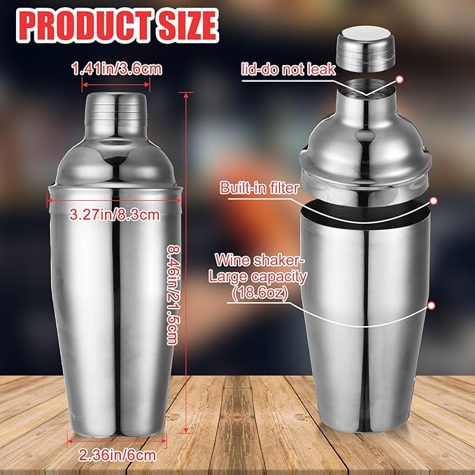 Nitial 6 Pcs Bar Cocktail Shaker Professional Stainless Steel Martini Drink Mixer with Built-in Strainer for Bartending No Leaks Boston Shaker for Bar Party Drink Mixing Tool(18.6 oz,Silver)