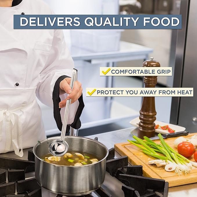 Fit Meal Prep Stainless Steel Soup Ladle - One-Piece Sauce Spatula with Hook Handles, Commercial Grade Serving Spoon, Kitchen Tool for Restaurant or Home Cooking, 13.75” Long - [Pack of 2] 4 Oz