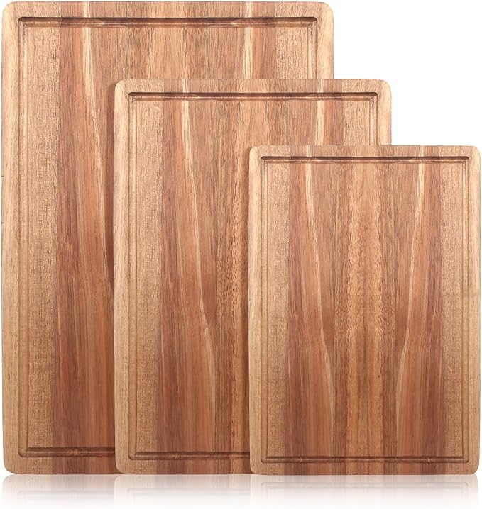 3 Pack Solid Acacia Wood Cutting Boards Set for Kitchen Meat Hardwood Chopping Board Decorative Large Charcuterie Boards Set Best Non Toxic Big Cutting Board Butcher Block Bread Serving Cheese Board