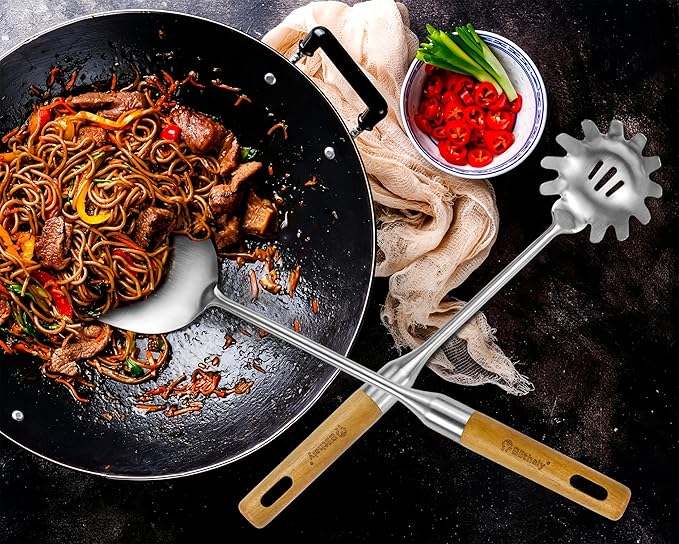 Stainless Steel Cooking Utensils Set with Wooden Handle, 7 Pcs Long Kitchen Utensil Set Stainless Steel, Heat Resistant Metal Spatula Set for Cooking with Turners, Skimmer, Ladle, Pasta Fork