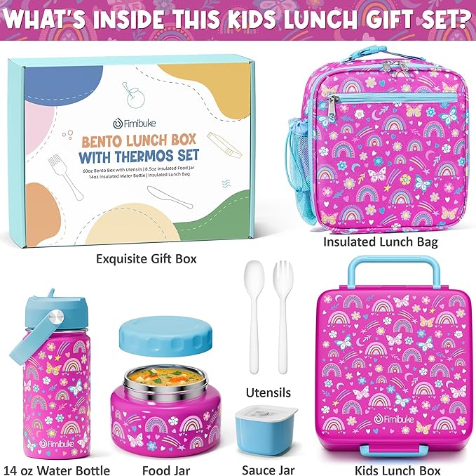Fimibuke Kids Bento Lunch Box, Leakproof Toddler Bento Box with 8.5 OZ Insulated Food Jar, Lunch Bag, Kids Water Bottle, 3 or 4 Compartment Container for Back to School Toddler Girls Boys