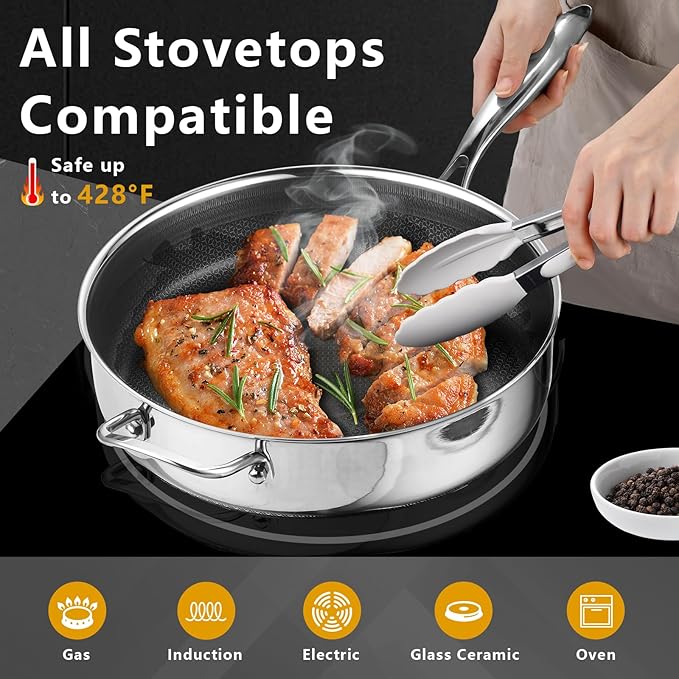 12 Inch Frying Pan Nonstick with Lid, 5.6QT Hybrid Ceramic Deep Saute Pan & Skillet, Tri-Ply Stainless Steel for Even Heat, PFOA/PFOS Free, Induction & Oven Safe