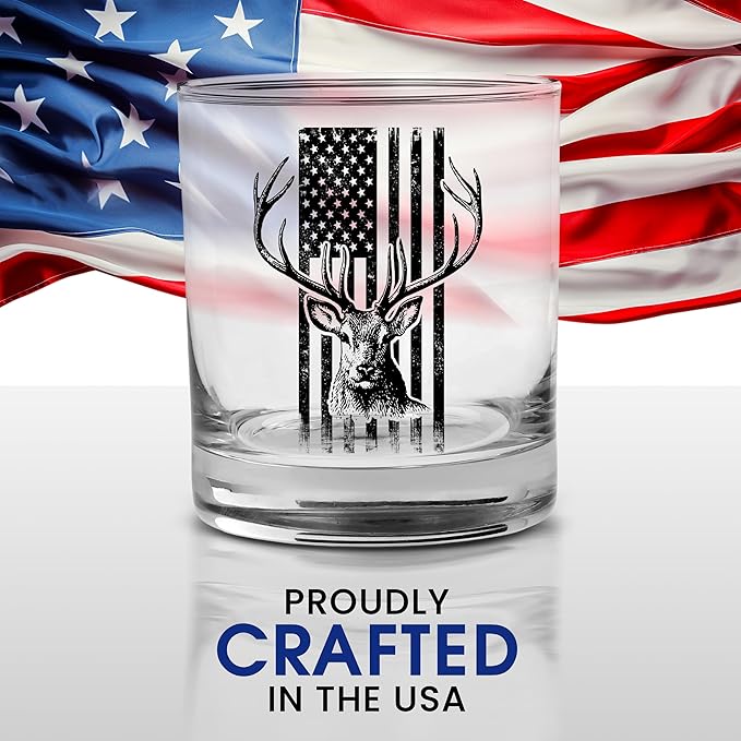 Hunting Gift USA Tattered Worn Flag Buck Deer Old Fashioned Glass Drinking Cup Gift For Hunter Hunt (2)