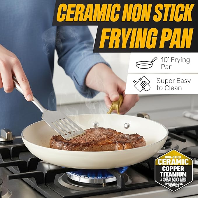 GOTHAM STEEL 12 Inch Nonstick Frying Pan, Diamond-Reinforced Ceramic, Dishwasher Safe, Cream White, PFOA Free