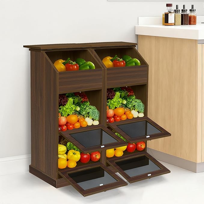 Potato Storage Bin, 3-Tier Potato and Onion Storage Bin with Lid, Wooden Bread Box for Fruit and Vegetable,Food Storage Containers for Kitchen Pantry (Walnut)