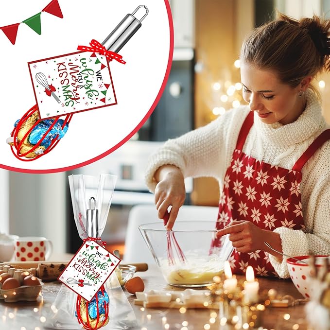 Zhehao 12 Sets 10 Inch Christmas Whisk Baking Gifts Sets Includes Stainless Steel Whisk Greeting Cards Ribbon and Plastic Bags for Neighbor Family Cooking Supplies Christmas Stocking Stuffers Ideas