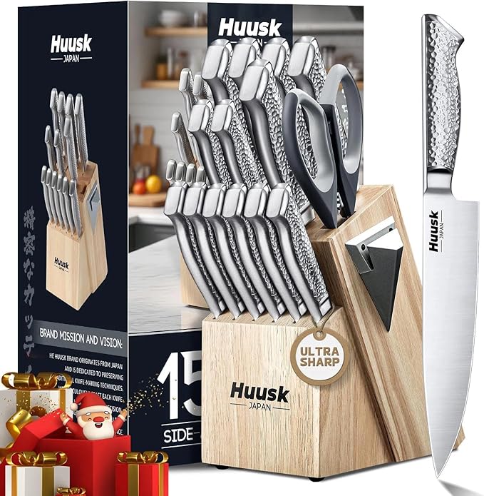 Huusk Kitchen Knife Set with Block & Built-in Sharpener - 15pcs Japanese Stainless Steel Knife Block Set, Dishwasher Safe, Sharp Professional Chef Sets for Kitchen, Home-warming Christmas Gift for Men