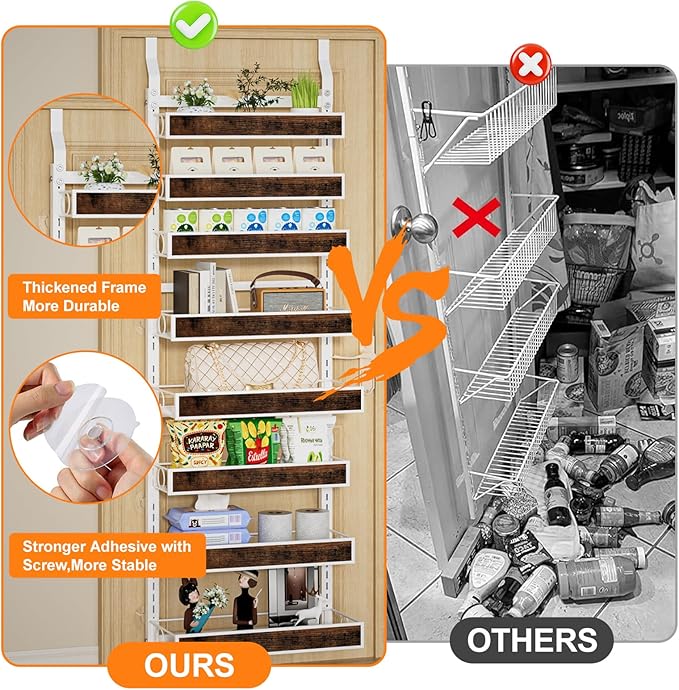 Over The Door Pantry Orangizer,8 Tier Wall Mounted or Hanging Spice Rack with Adjustable Wood Basket,Metal Heavy Duty Behind Door Storage Shelf for Kitchen Pantry and Bathroom