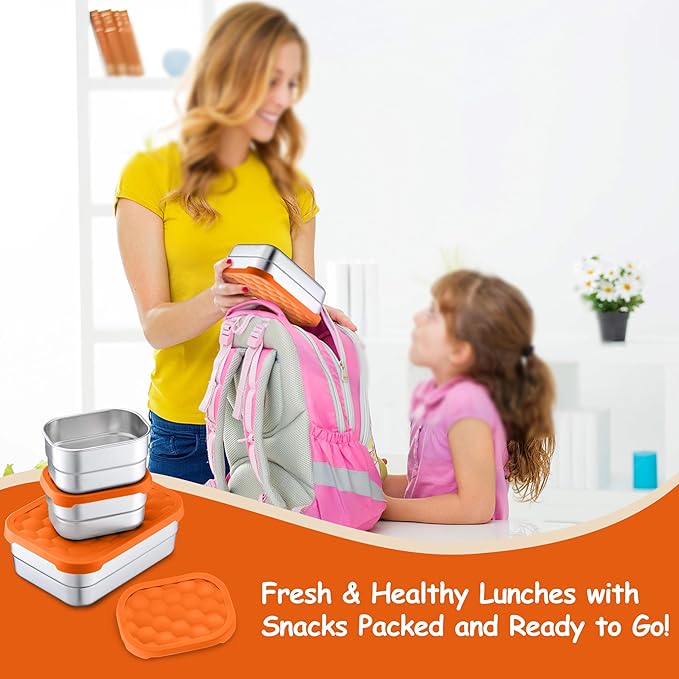 Homikit 3 Pack Kids Lunch Box Set, 18/10 Stainless Steel Bento Boxes with Silicone Lids Leak Proof, 5 Cups Reusable Metal Food Snack Containers for School Daycare, Nontoxic & Dishwasher Safe, Orange