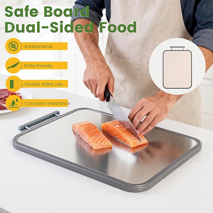 Titanium Cutting Boards for Kitchen, Non Toxic 2-in-1 Cutting Board Double Sided, Food Grade Pure Titanium and Wheat Straw PP, Easy to Clean Large Size 16”×11”