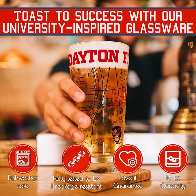 Greenline Goods – University of Dayton Flyers College Pint Beer Glasses (Set of 2), 16 oz – Full-Color Logo + Campus Map