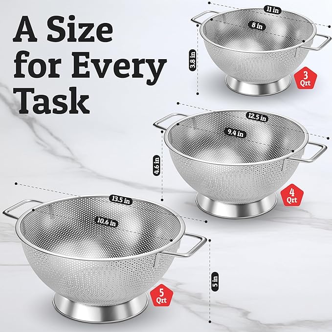PriorityChef Premium Stainless Steel Colander for Kitchen, Durable Rice and Pasta Strainer with Handle, Rust-Resistant & Dishwasher Safe, 3/4/5 Qt
