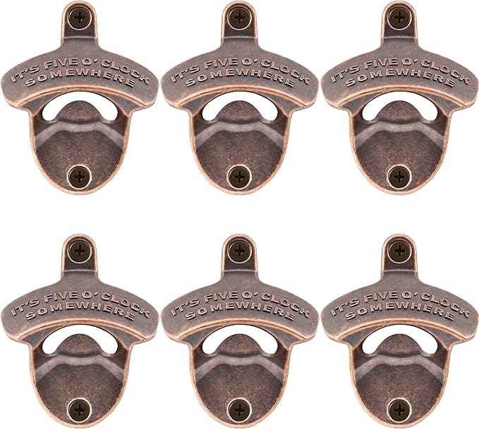 Wall Mount Bottle Opener Rustic, IT'S FIVE O'CLOCK SOMEWHERE Antique Copper Beer Opener Mountable for Cabin Backyard (Pack of 6)