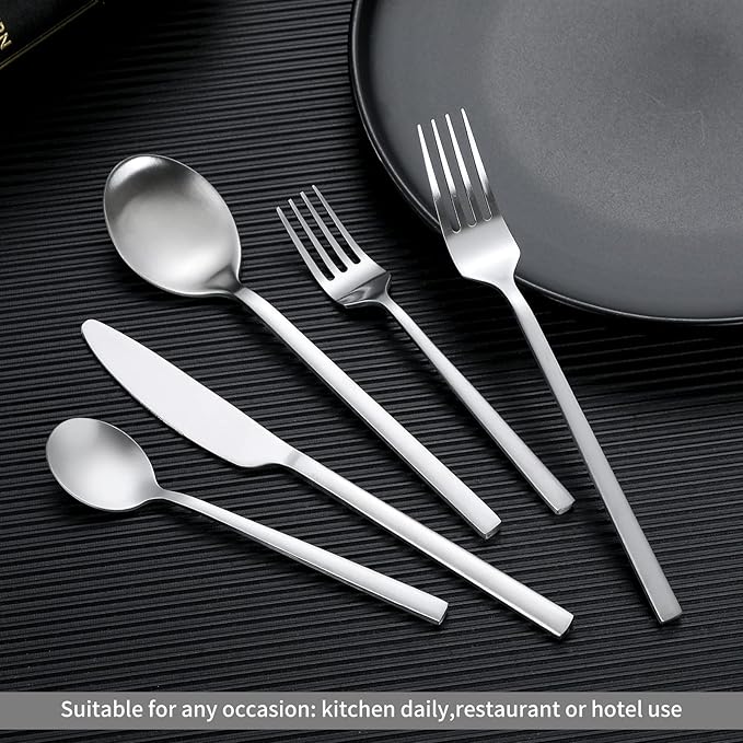 40-Piece Silver Silverware Set, Rectangular Flatware Set for 8, Matte Stainless Steel Cutlery Set, Home Essentials and Kitchen Utensils Set, for Restaurant, Party And Wedding, Dishwasher Safe