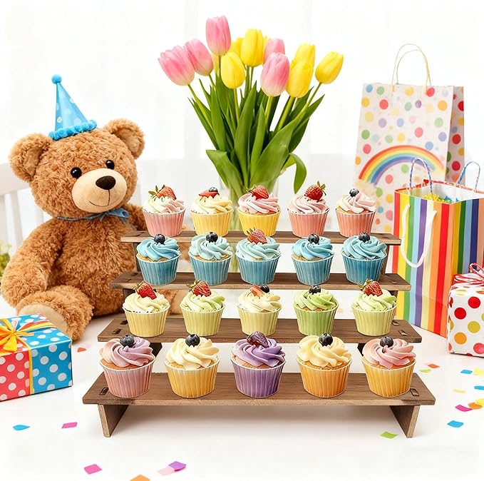 Wooden Cupcake Stand,Perfume Organizers,Cologne Organizer for Men,4 Tier Display Risers for Dessert,Spice,Candles,Matcha Station,No Tools Required to Install