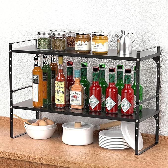 ‎Expandable Kitchen Cabinet Storage Shelf, Stackable Metal Pantry Storage Shelves Organizer, Adjustable Height Counter Spice Rack for Kitchen Cabinet (Black - 16.5"-27" L x 10.2" W x 9.6" H - 3Pack)