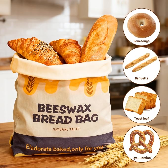 2 Pack Beeswax Bread Bags for Sourdough Homemade Bread, 17 x 13 inch Reusable Organic Linen Food-Safe Storage Bag to Keep Loaves Fresh Longer