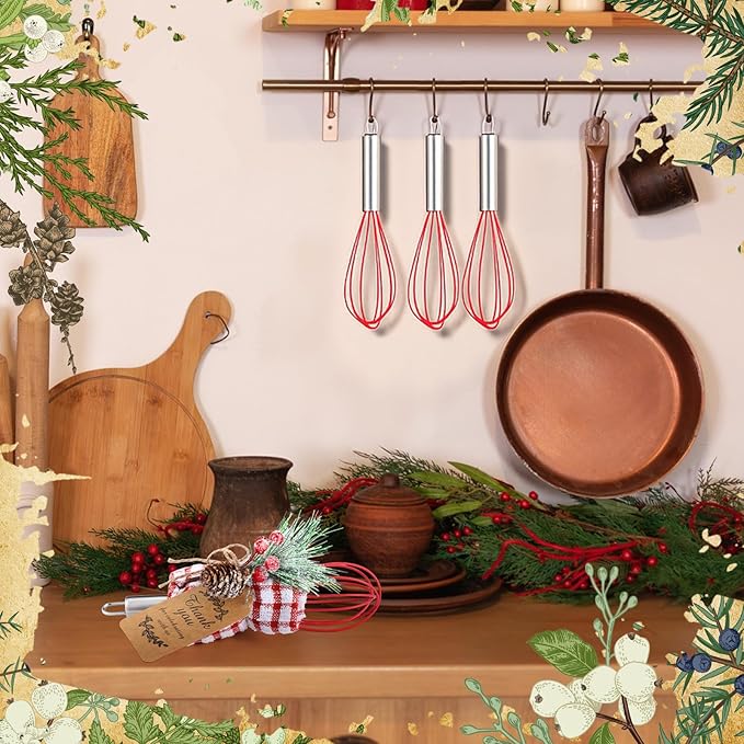 12 Sets Christmas Whisk Baking Supplies Gifts Sets Include Stainless Steel Whisk, Greeting Card, Snowfall Pine Branch, Plaid Towel, Rope for Xmas Neighbor Employee Stocking Stuffer Cooking (8 Inches)