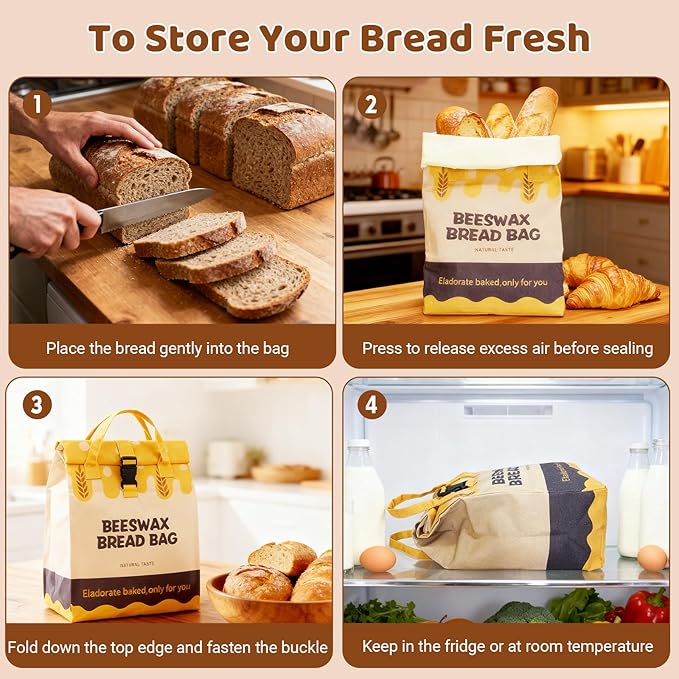 2 Pack Beeswax Bread Bags for Sourdough Homemade Bread, 17 x 13 inch Reusable Organic Linen Food-Safe Storage Bag to Keep Loaves Fresh Longer