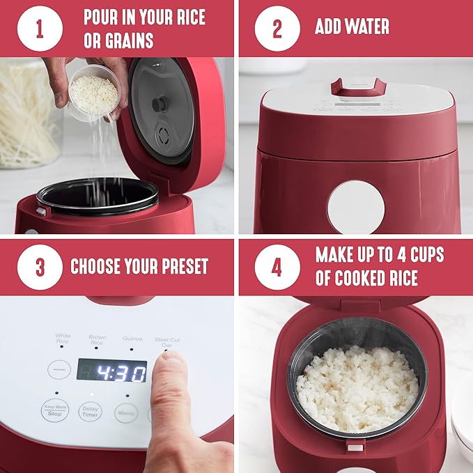 GreenLife Digital Rice Cooker, 2-Cups Uncooked/4-Cups Cooked, Removable Nonstick Ceramic PFAS-Free Pot, One-Touch Presets, Oats, Quinoa, Brown Rice, Auto Keep Warm, Fuzzy Logic Tech, 1.5QT, Red