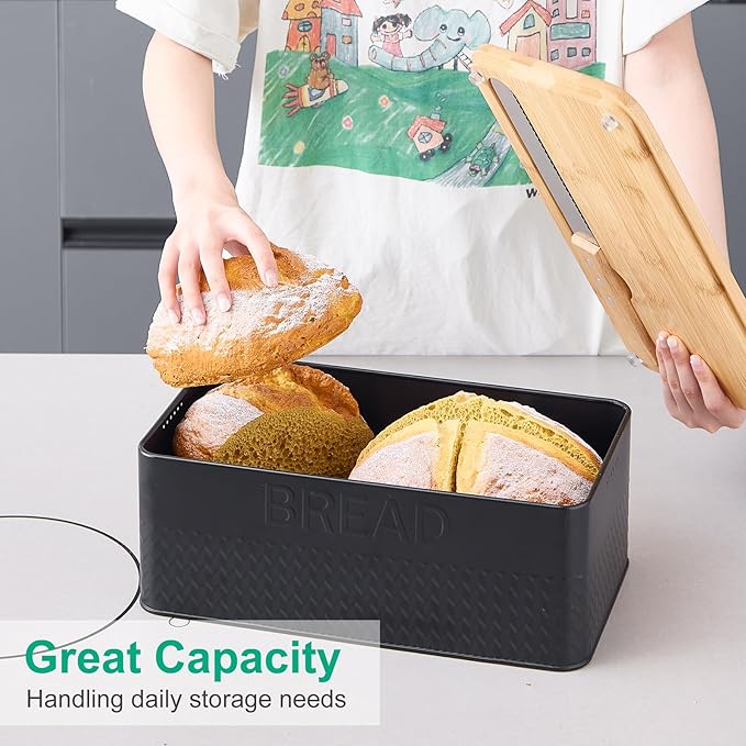 Black Bread Box for Kitchen Countertop, Large Bread Storage Container with Bamboo Lid, Iron Farmhouse Bread Box for Your House