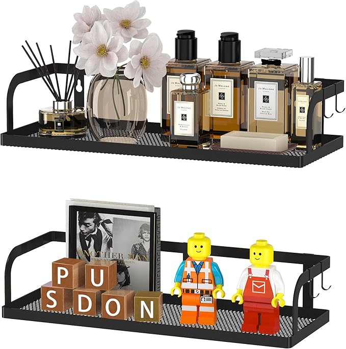 PUSDON Hanging Storage Baskets Organizer Wall Mount, Metal Wire Storage Bin Rack for Kitchen Bathroom Shower Spice Shelf Home Decor Essentials Black-2 Packs (Hollowout)