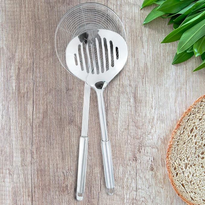 Multi Kitchen Utensil Stainless Steel Cooking Skimmer Slotted Fish Turner Spatula Spoon Colander Drain Water Filter Spoon Ladle Spider Strainer Skimmer Ladle for Cooking &Frying (2pcs)