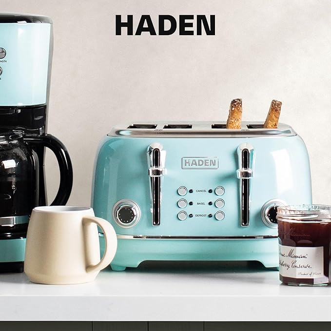 Haden Heritage 4 Slice Wide Slot Stainless Steel Toaster with Adjustable Browning Control & Non-Slip Feet, Turquoise & Chrome