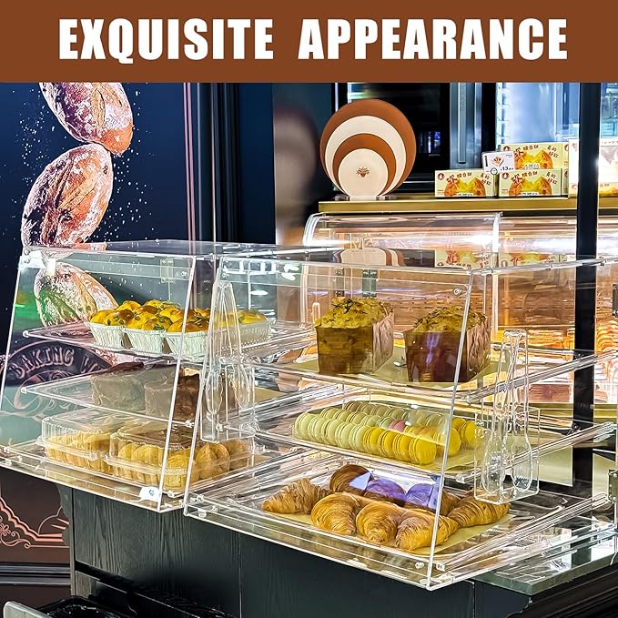 3-Tier Commercial Countertop Bakery Display Case with Rear Doors, 20.9 x 17.3 x 16.7 inches, Clear Countertop Cabinet for Pastries and Desserts
